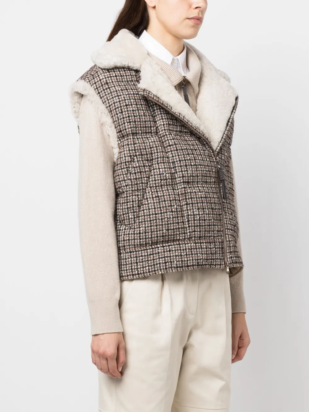 Brunello Cucinelli Check-print Goose-down Gilet In Neutrals