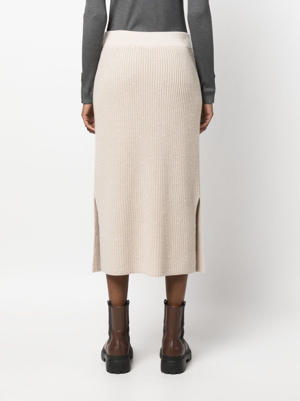 Shop Brunello Cucinelli Ribbed-knit Midi Skirt In Neutrals