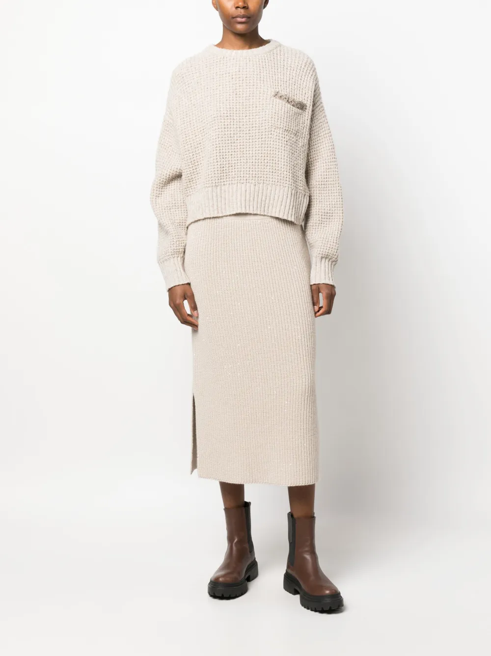 Shop Brunello Cucinelli Ribbed-knit Midi Skirt In Neutrals