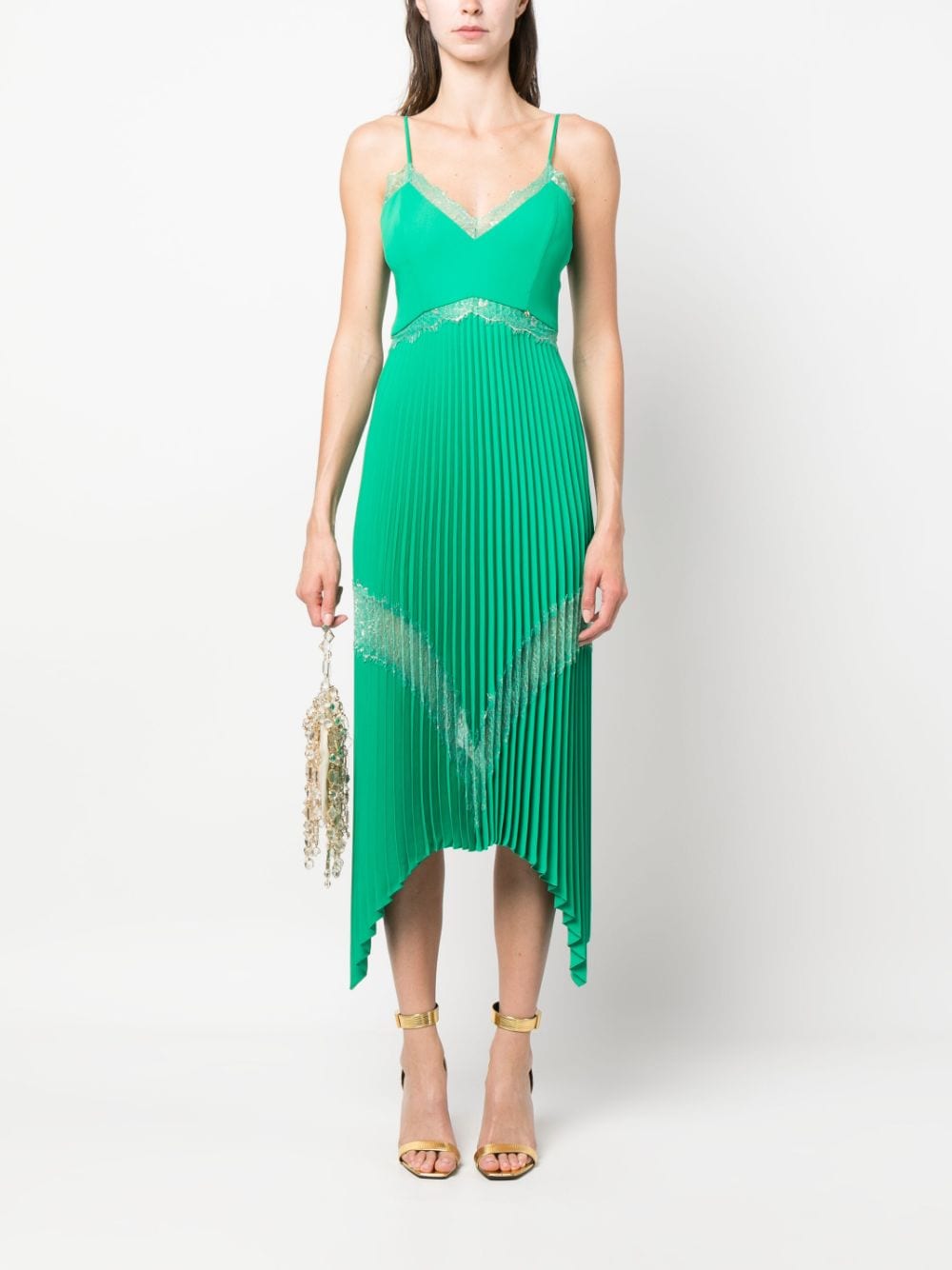 NISSA lace-trim pleated midi dress - Groen