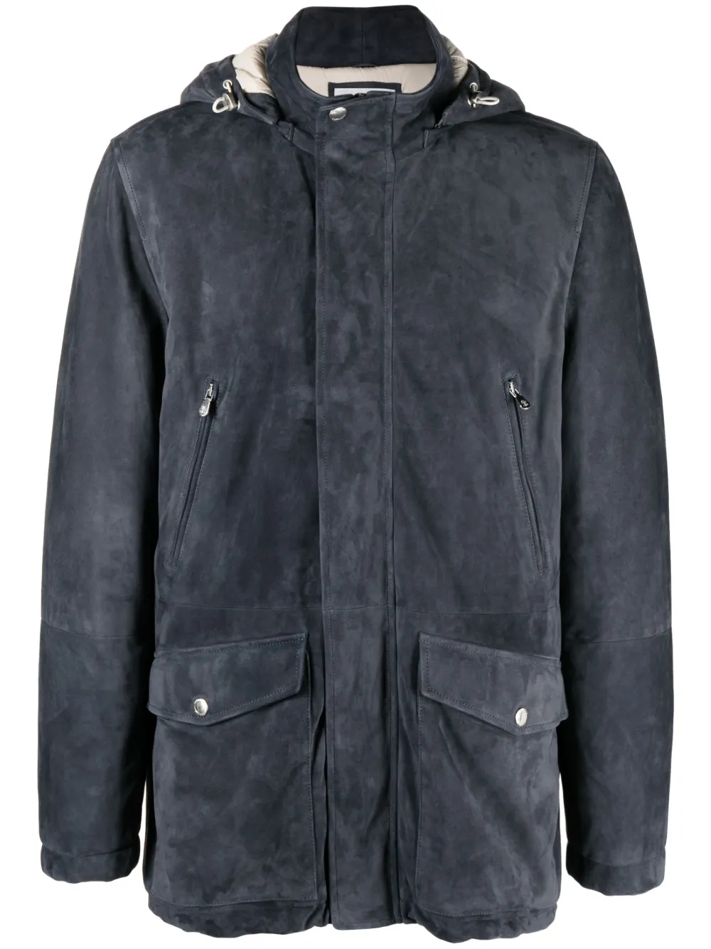 Brunello Cucinelli Hooded Padded Suede Jacket In Blue