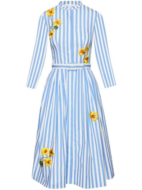 Oscar de la Renta - floral-embroidered striped poplin dress