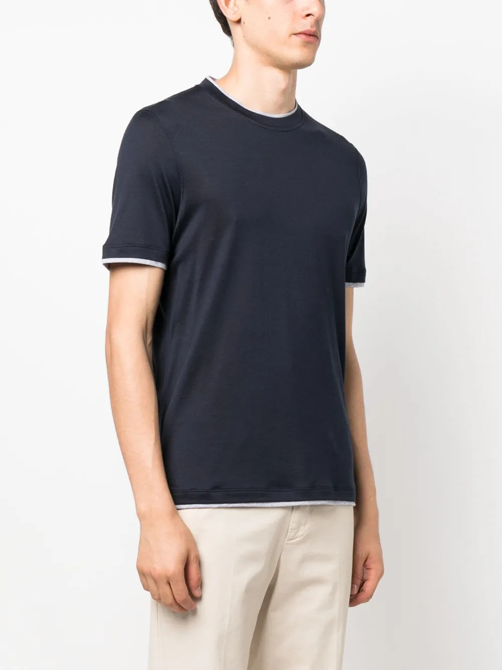 Brunello Cucinelli Slim Fit Crewneck Contrasting Trim Cotton T-shirt In Blue