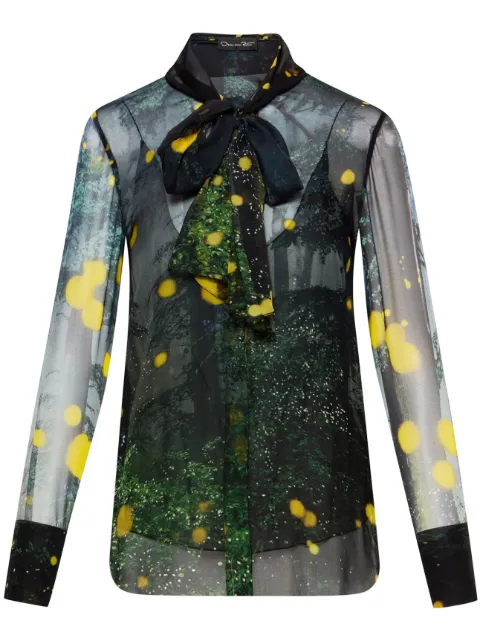 Oscar de la Renta firefly-print pussy-bow blouse