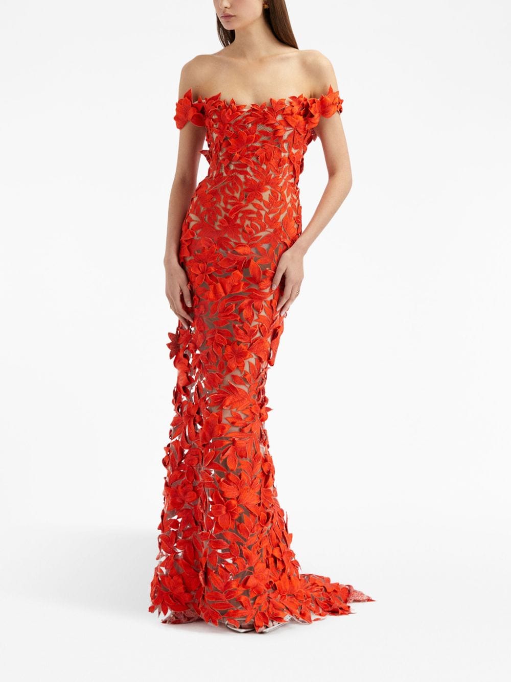 Oscar De La Renta Floral Threadwork off-shoulder Gown - Farfetch