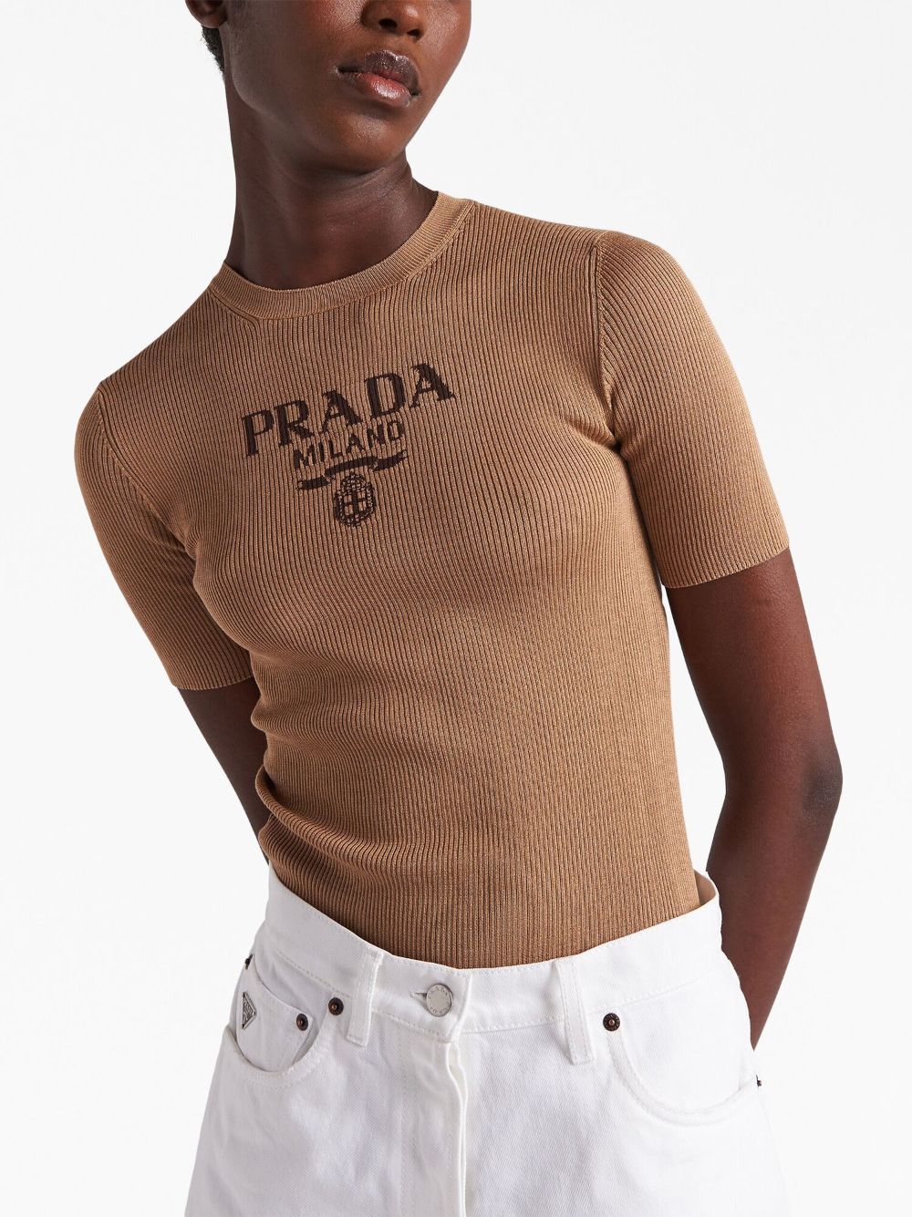 Shop Prada Logo-intarsia Silk Top In Brown