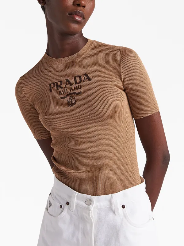 【希少】PRADA ロゴ入り プリント ジャージー Tシャツ ブラウン ブラウン プリント入り ジャージー Tシャツ | PRADA
