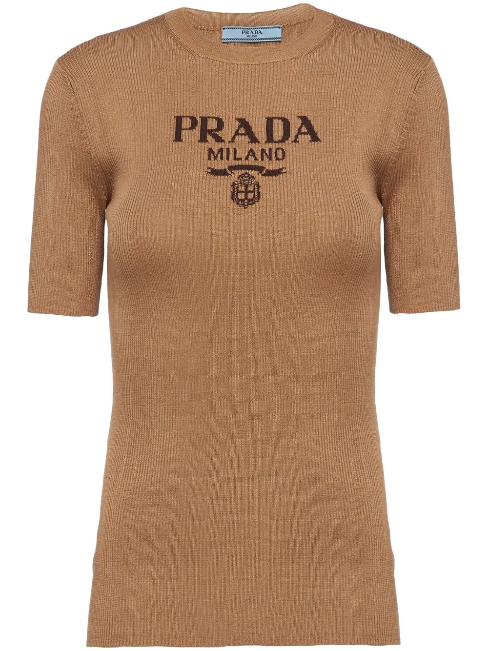 Prada Logo Crew-neck Knit T-shirt In Brown