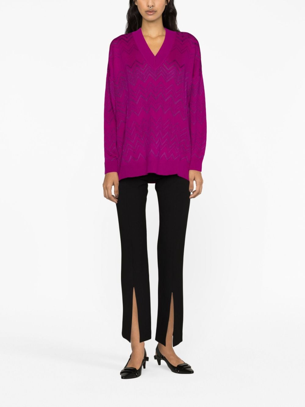 Shop Missoni Zigzag-print V-neck Knit Sweater In Pink