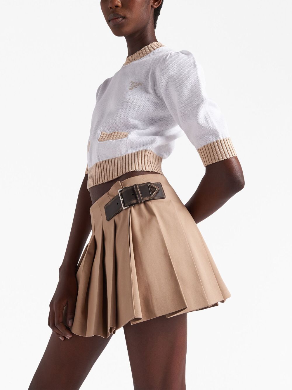 Shop Prada Pleated Gabardine Miniskirt In Brown