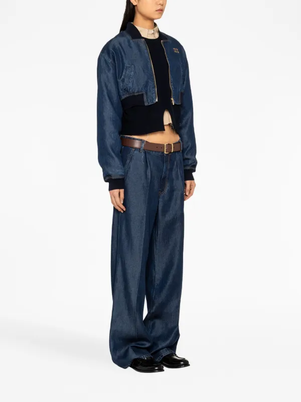 パンツ 24SS MIUMIU Iconic Gathered Denim Miu Miu high-rise wide-leg Jeans | Blue | FARFETCH