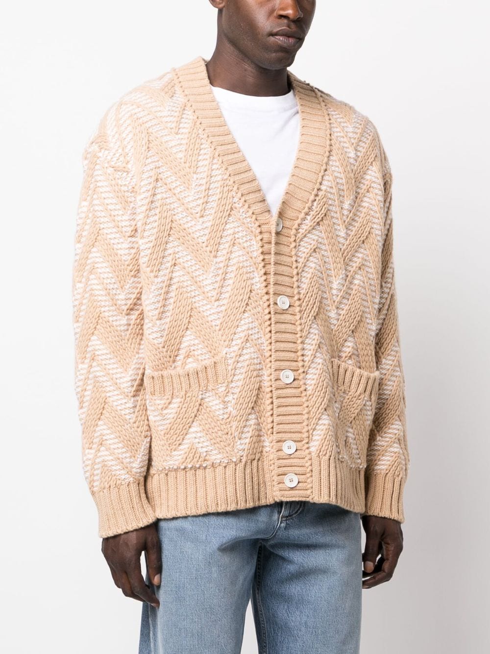 Shop Missoni Chevron-knit V-neck Cardigan In Neutrals