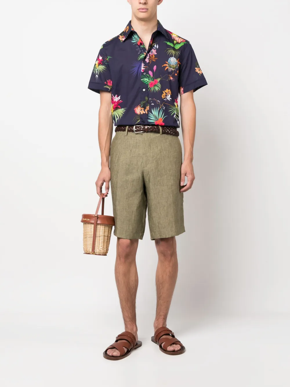 Shop Etro Mélange Linen Chino Shorts In Green