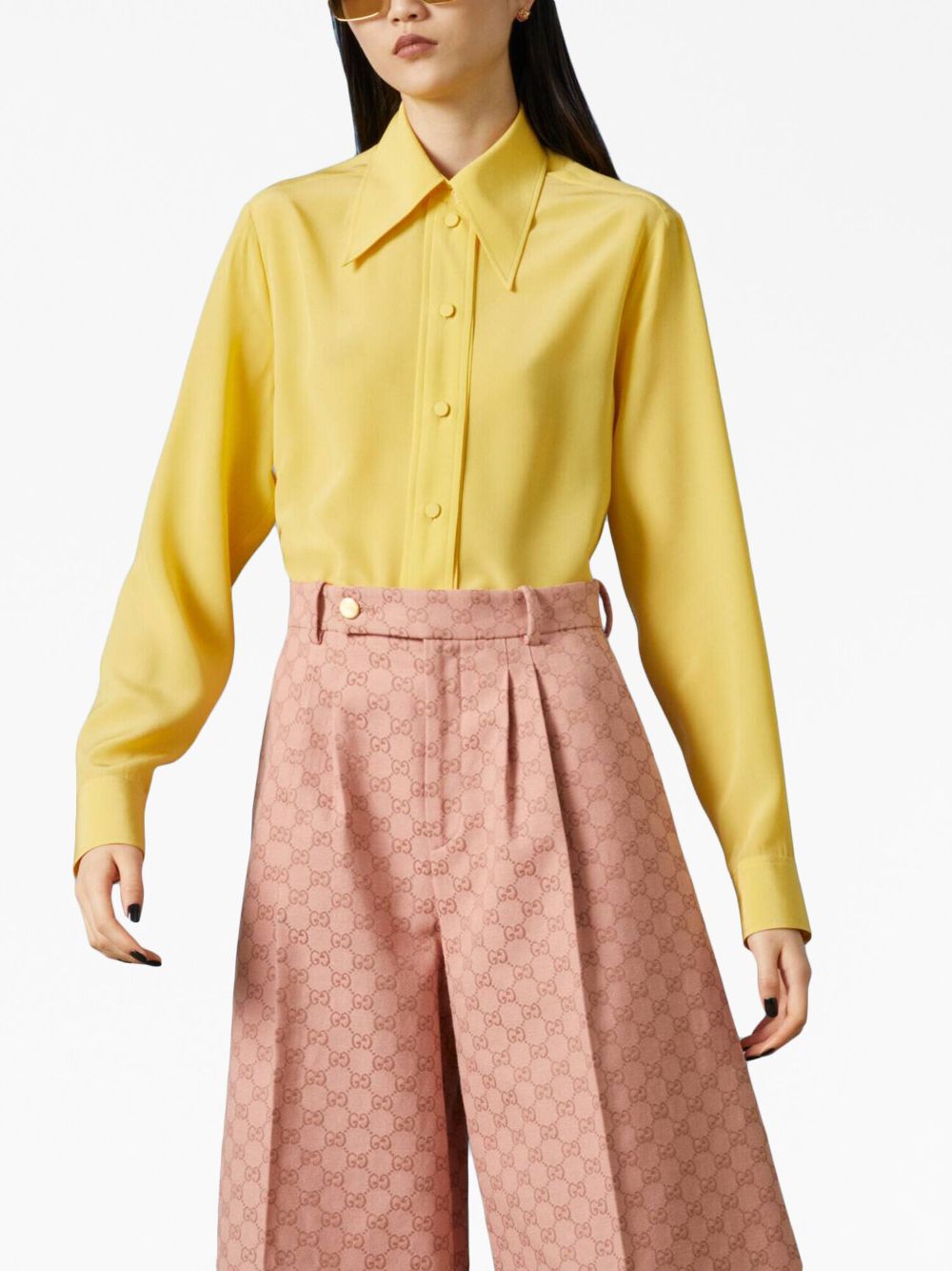 Shop Gucci Pointed-collar Silk Shirt In Yellow