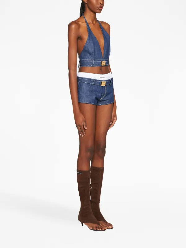 【送料&関税込】Miu Miu Denim Crop Top Miu Miu logo-plaque Denim Crop Top | Blue | FARFETCH
