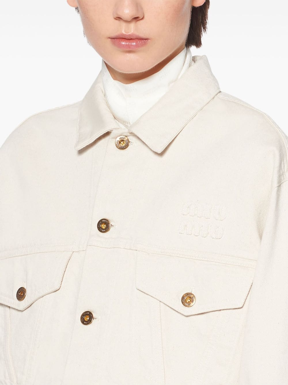 Shop Miu Miu Logo-appliqué Denim Jacket In Neutrals