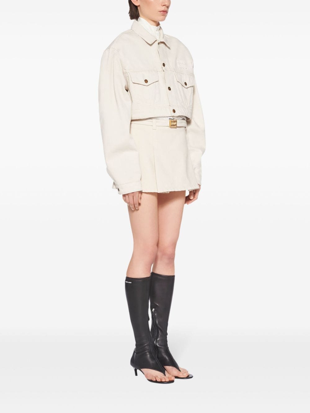 Shop Miu Miu Logo-appliqué Denim Jacket In Neutrals