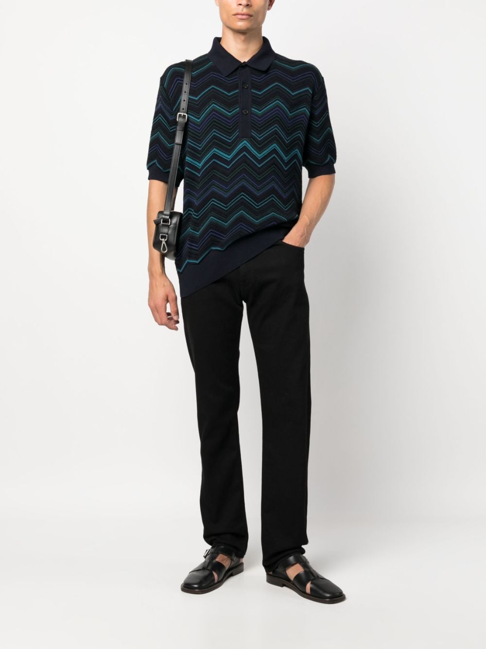 Shop Missoni Zigzag-pattern Ribbed Polo Shirt In Blue