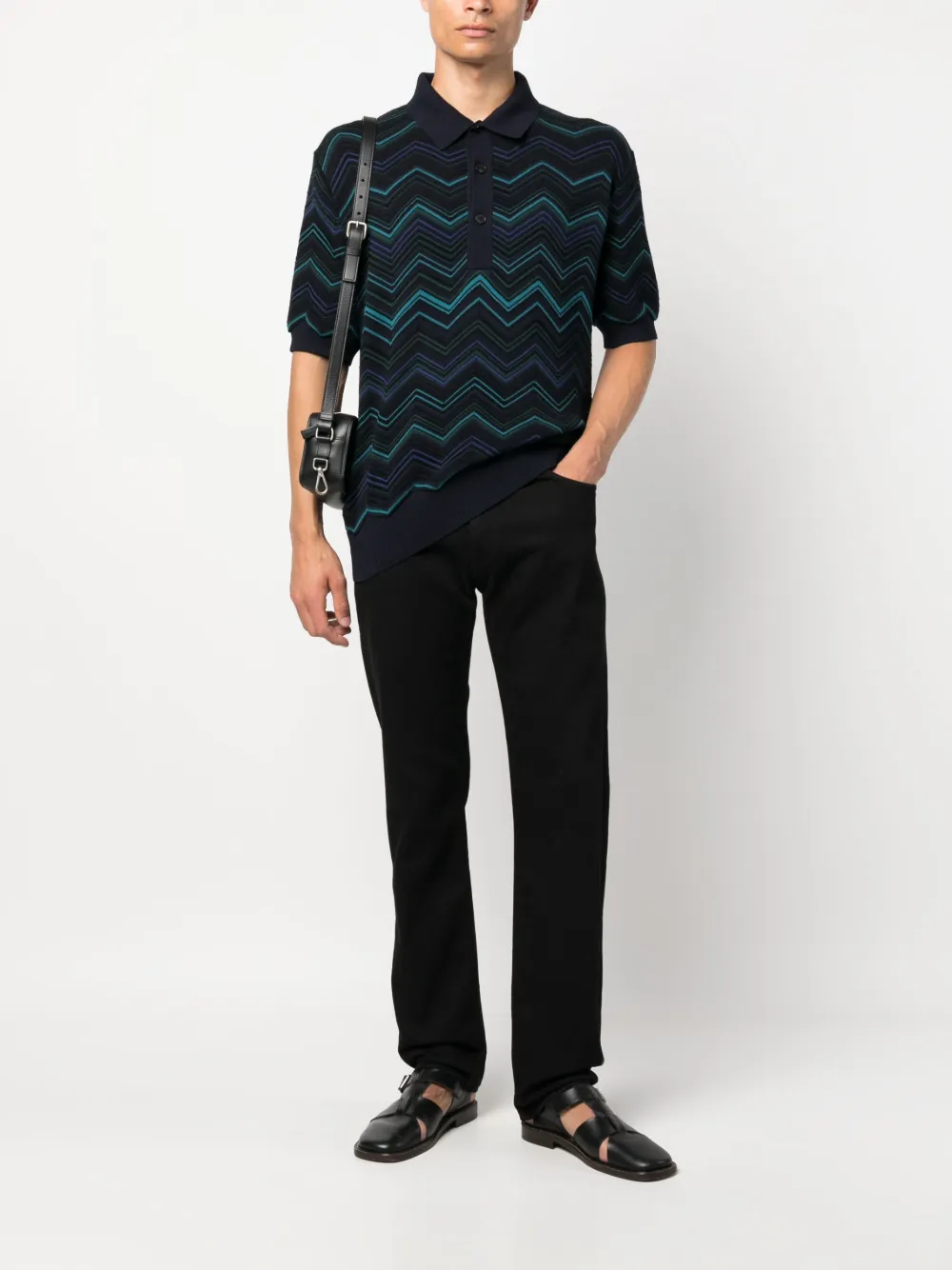 Shop Missoni Zigzag-pattern Ribbed Polo Shirt In Blue