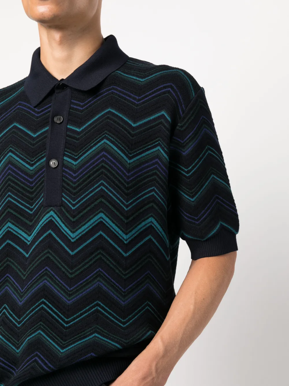 Shop Missoni Zigzag-pattern Ribbed Polo Shirt In Blue