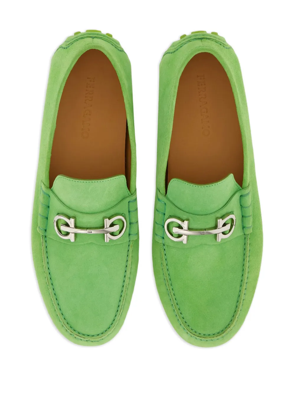 Shop Ferragamo Gancini-buckle Leather Loafers In Grün