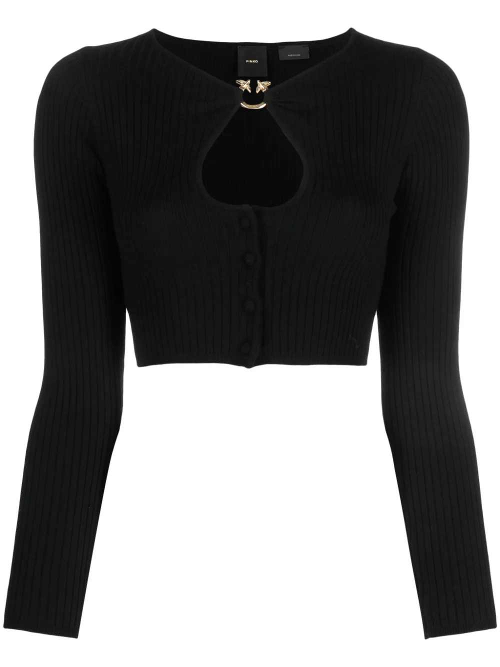 Shop Pinko Cut-out Ribbed-knit Cropped Cardigan In Black