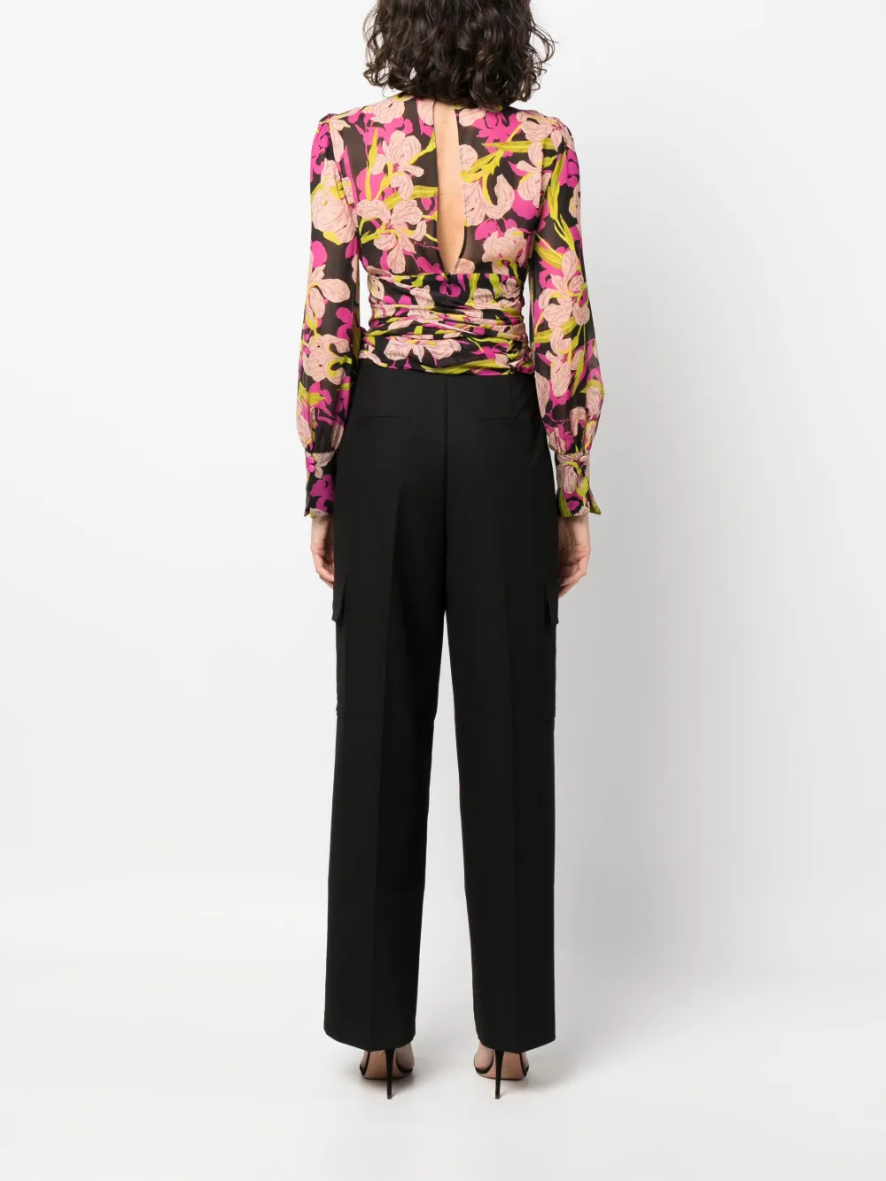 Shop Pinko Floral-print Long-sleeve Blouse In Black