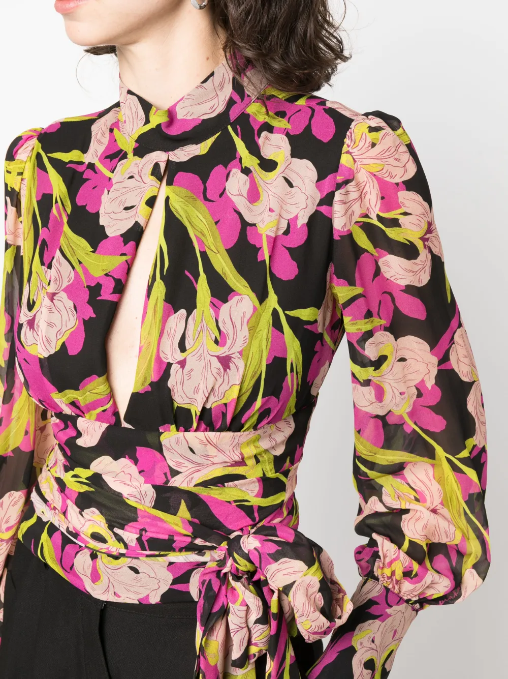 Shop Pinko Floral-print Long-sleeve Blouse In Black