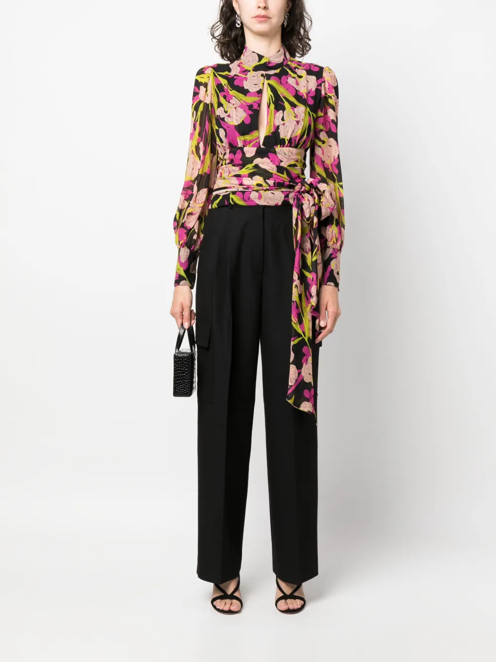 Shop Pinko Floral-print Long-sleeve Blouse In Black