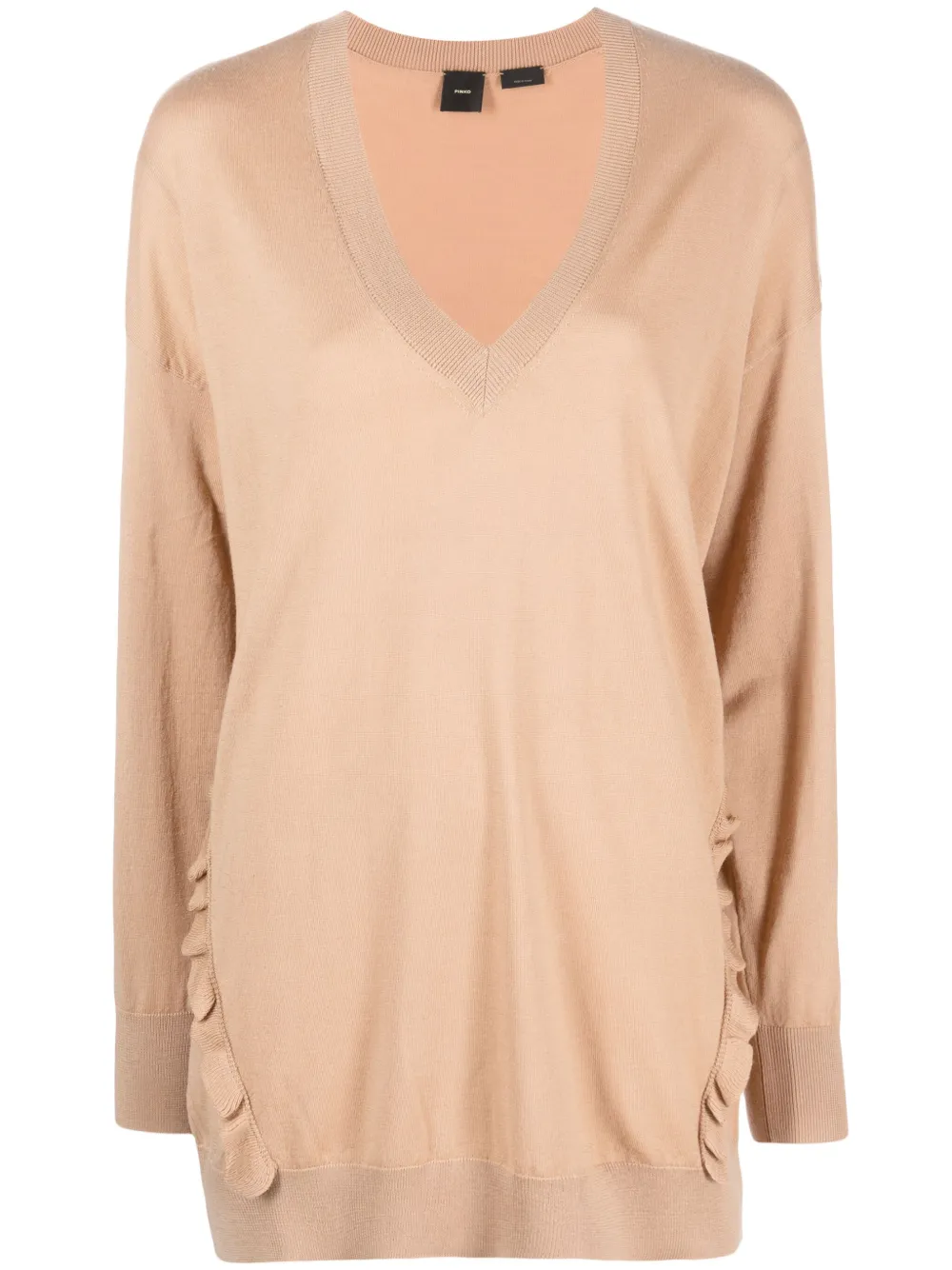 Pinko Ruffle-detail V-neck Wool Jumper In Neutrals