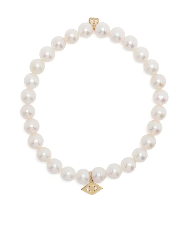 Sydney Evan 14kt Yellow Gold Evil Eye Pearl Bracelet in White