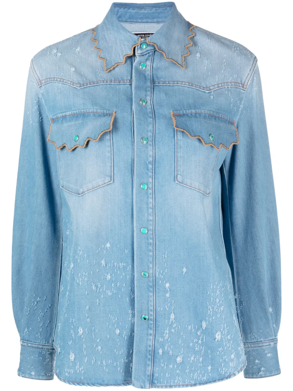Jacob Cohen Wavy-trim Distressed Denim Shirt In Blue