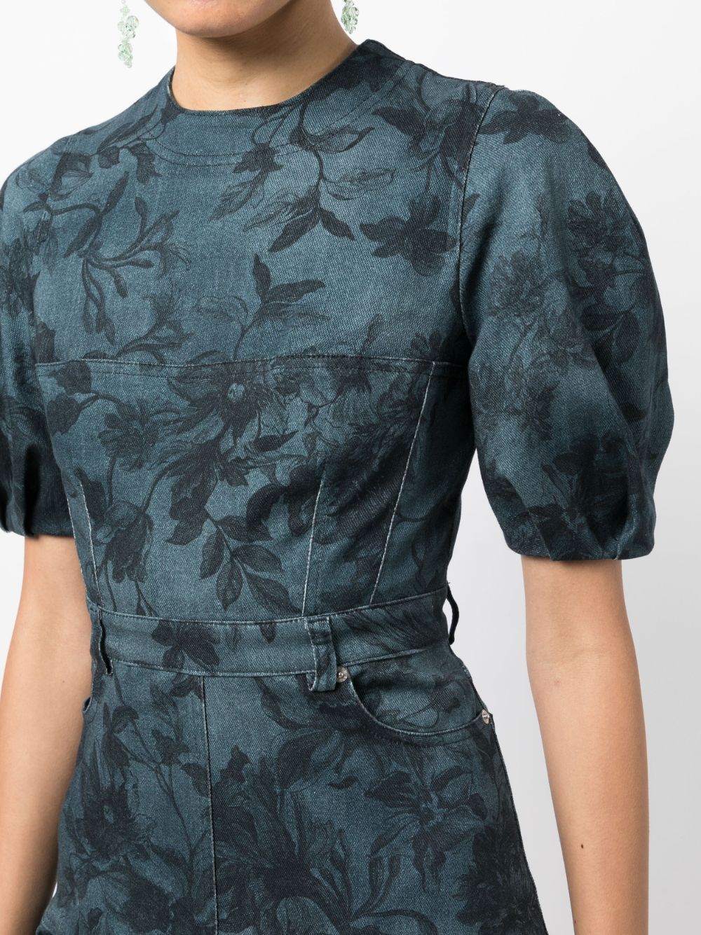 Shop Erdem Floral-print Pleated Denim Dress In Blue
