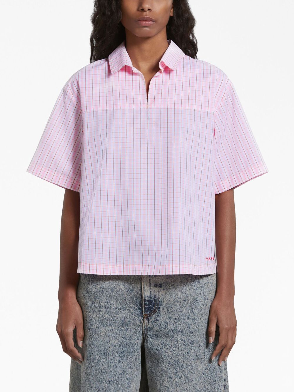 Shop Marni Polo-collar Checked Blouse In Pink