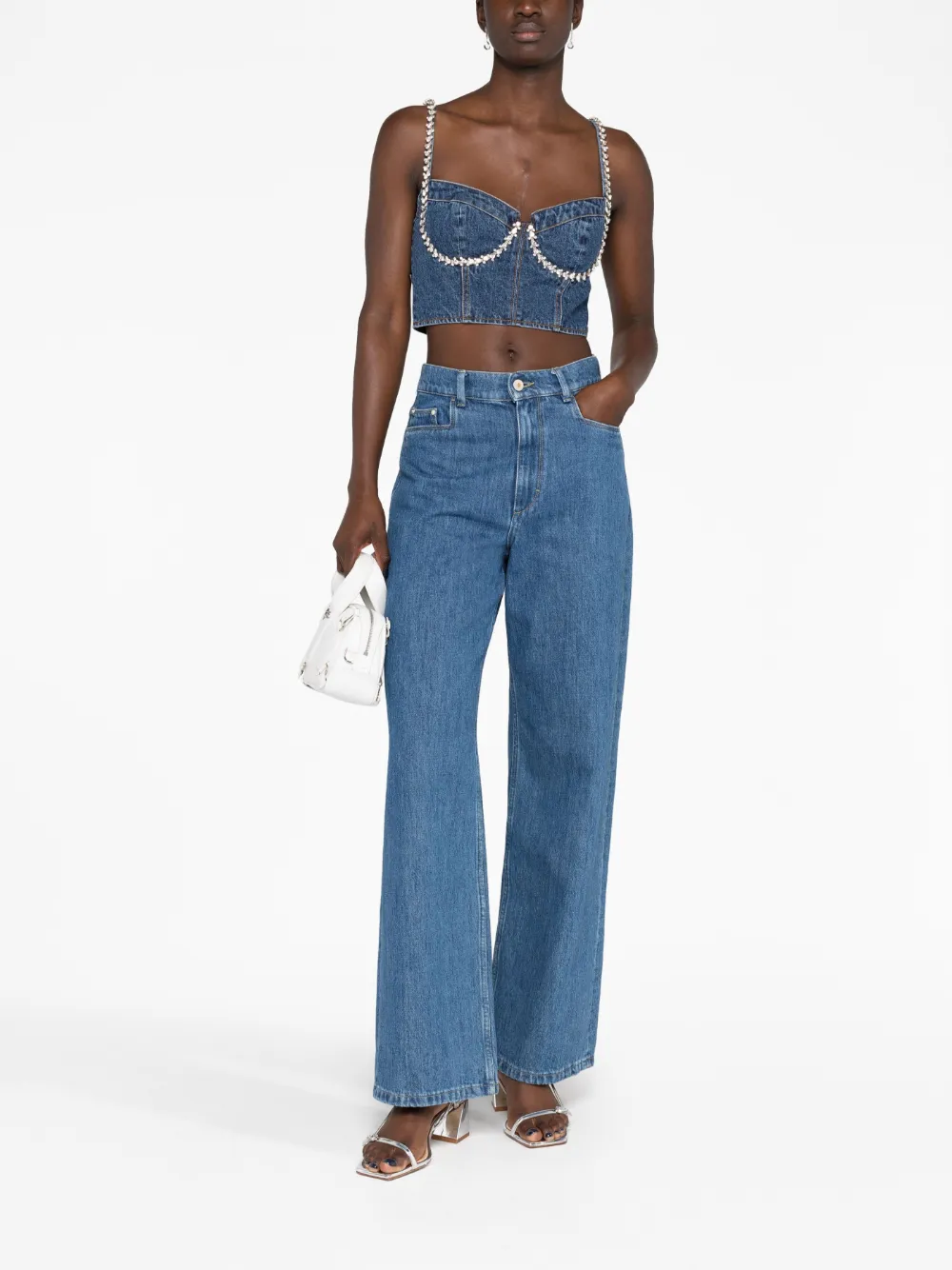 Self Portrait Crystal embellished Denim Cropped Top Farfetch