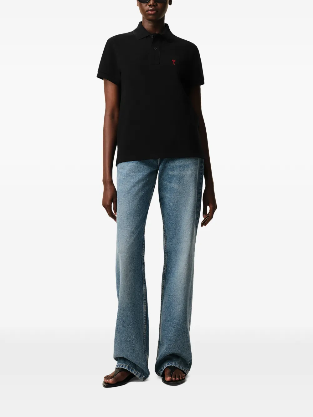  Ami Paris De Coeur Monogram Logo-embroidered Black Polo Shirt 