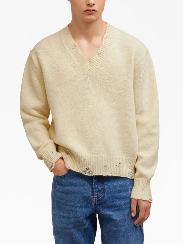 AMI Paris Ripped V neck Jumper Neutrals FARFETCH AZ
