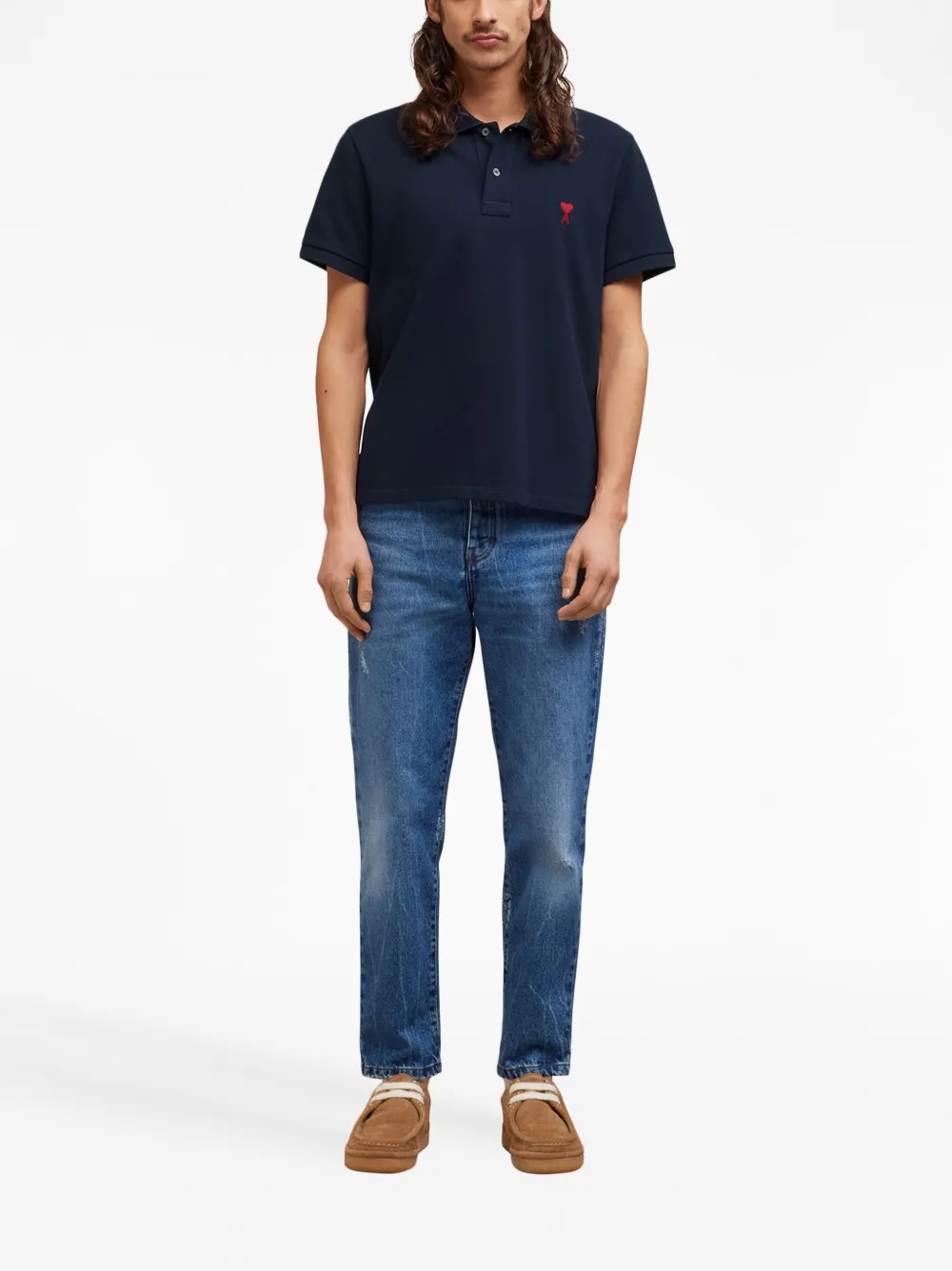 Shop Ami Alexandre Mattiussi Logo-embroidered Cotton Polo Shirt In Blue