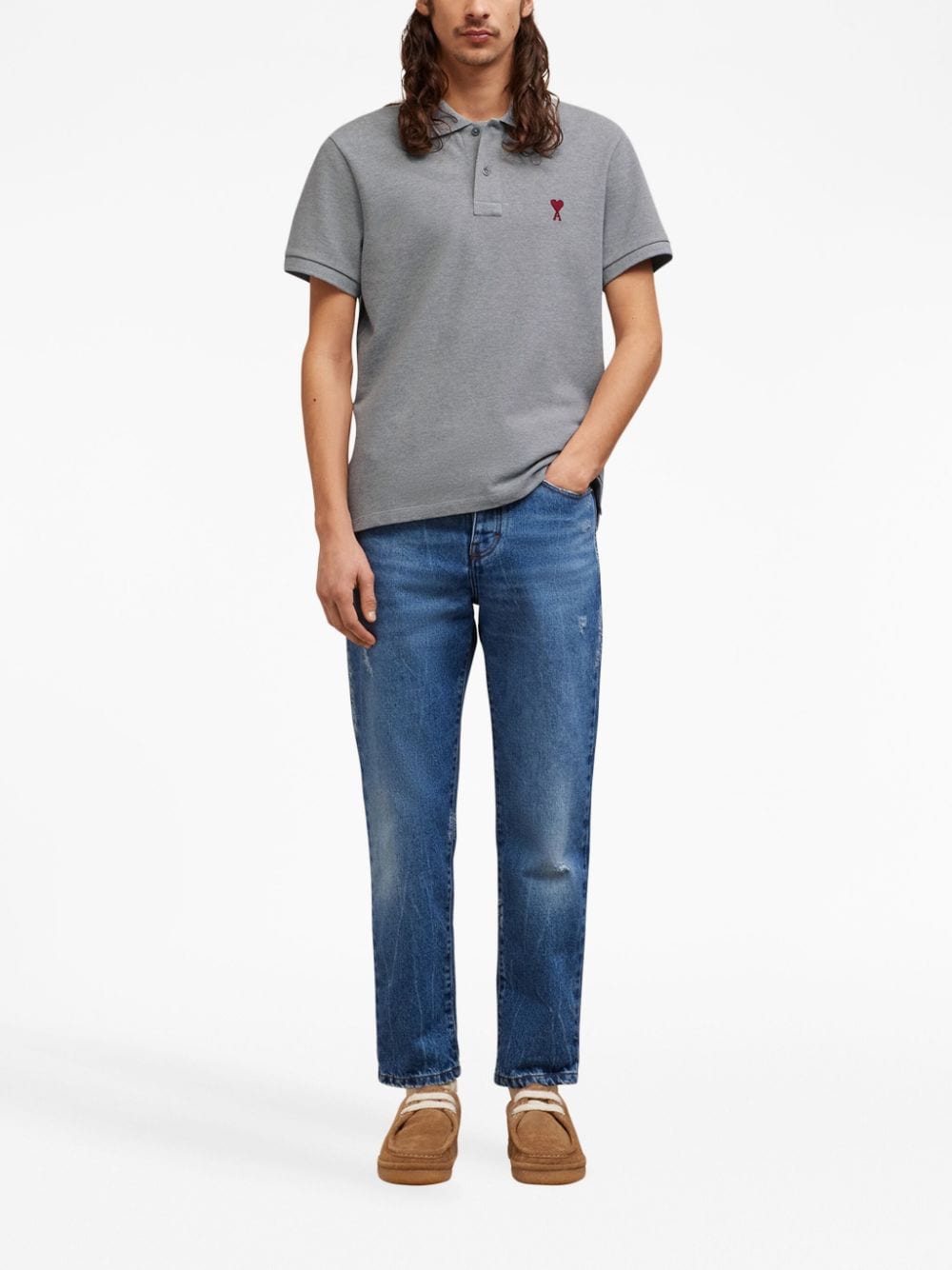 Shop Ami Alexandre Mattiussi Logo-embroidered Cotton Polo Shirt In Grey