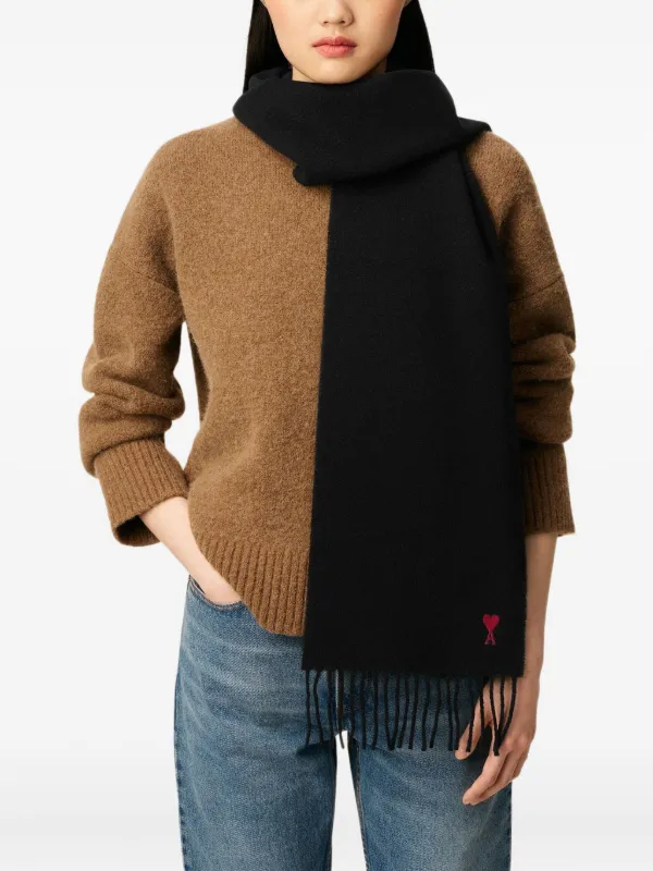 AMI Paris Ami De Coeur fringed-edge Wool Scarf | Black