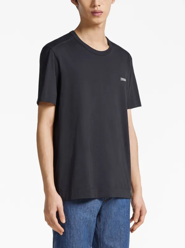 Tシャツ・カットソー ZEGNA Black Cotton T-Shirt Zegna logo-embroidered Cotton T-shirt | Blue | FARFETCH