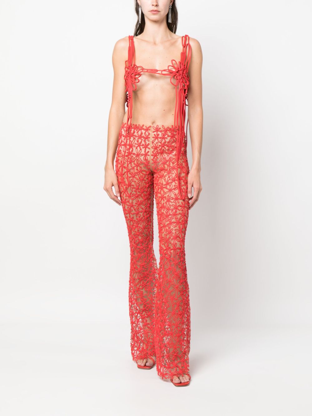 kasia kucharska floral-appliqué sheer flared trousers - Rood