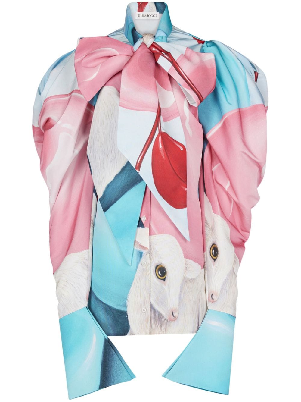 Nina Ricci Printed Silk Tie-neck Shirt In Pink_blue_grey