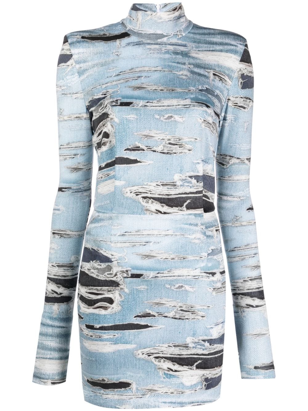 John Richmond Short Dress With Iconic Runway Denim-effect Pattern. High Collar And Long Sleeves. In Blue