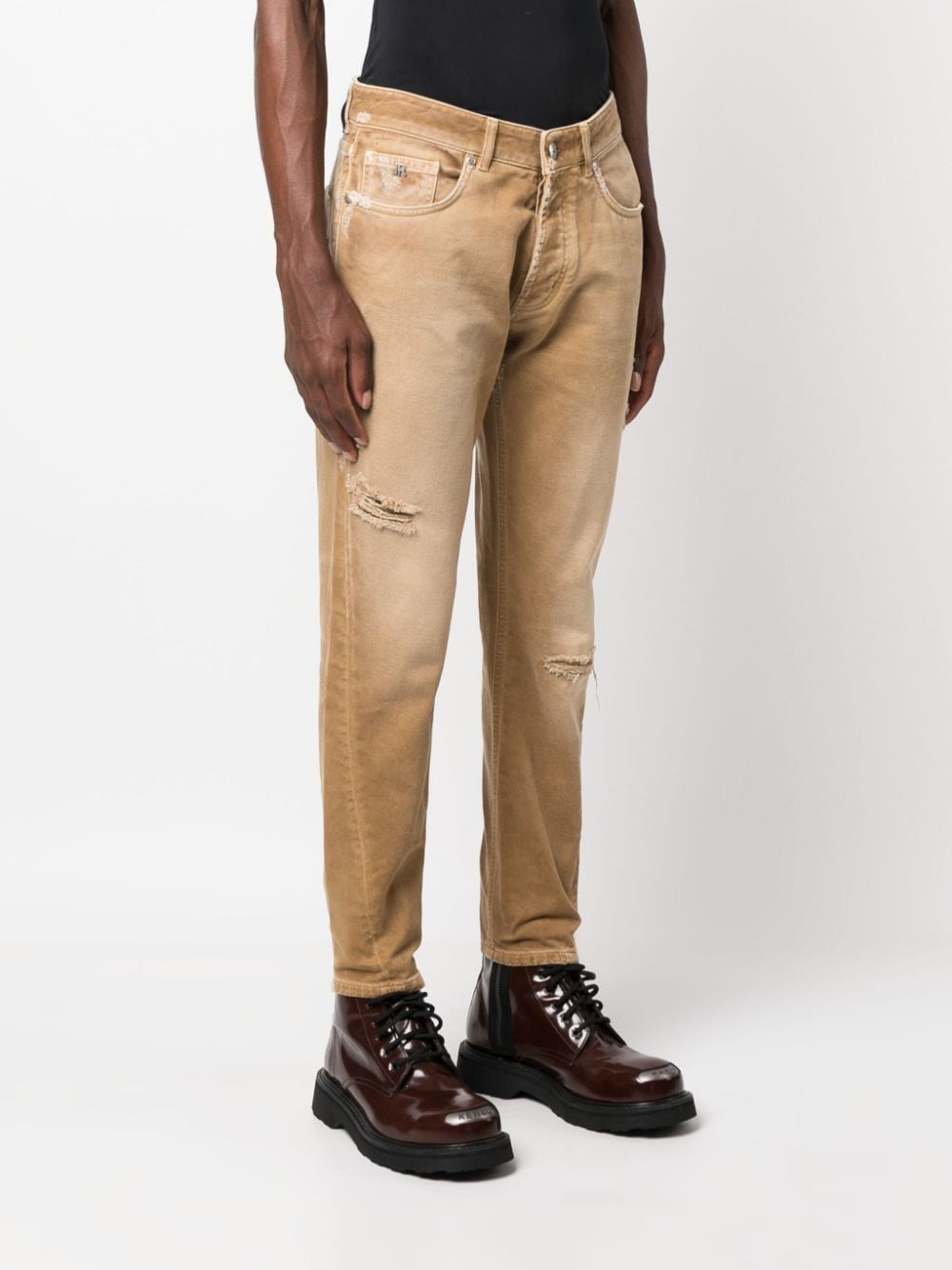 Shop John Richmond Riddix Distressed-finish Tapered-leg Jeans In Neutrals