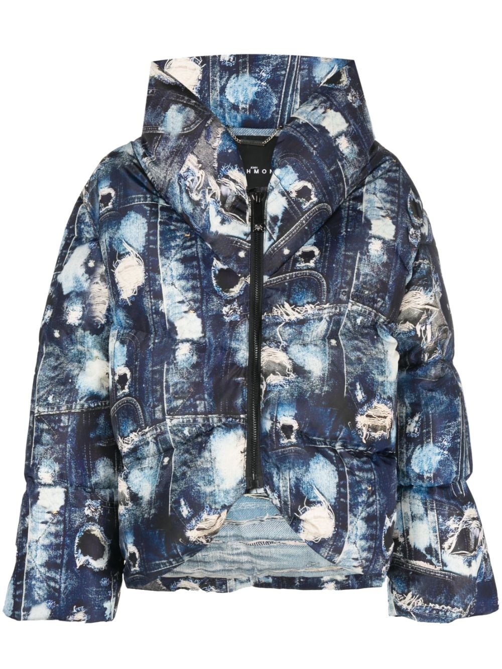 John Richmond Short Down-jacket With Allover Pattern In Blue