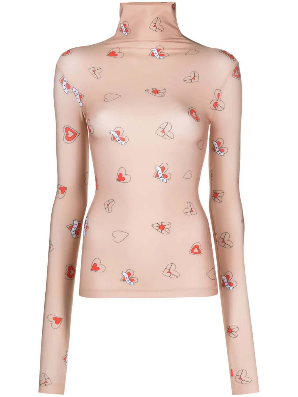 Parlor Heart-print High-neck Top In Neutrals