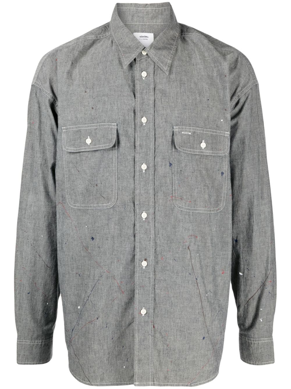 Shop Visvim Logo-print Paint-splatter Shirt In Grey