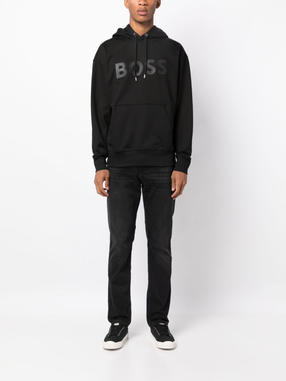 BOSS logo-print drawstring cotton hoodie - Zwart