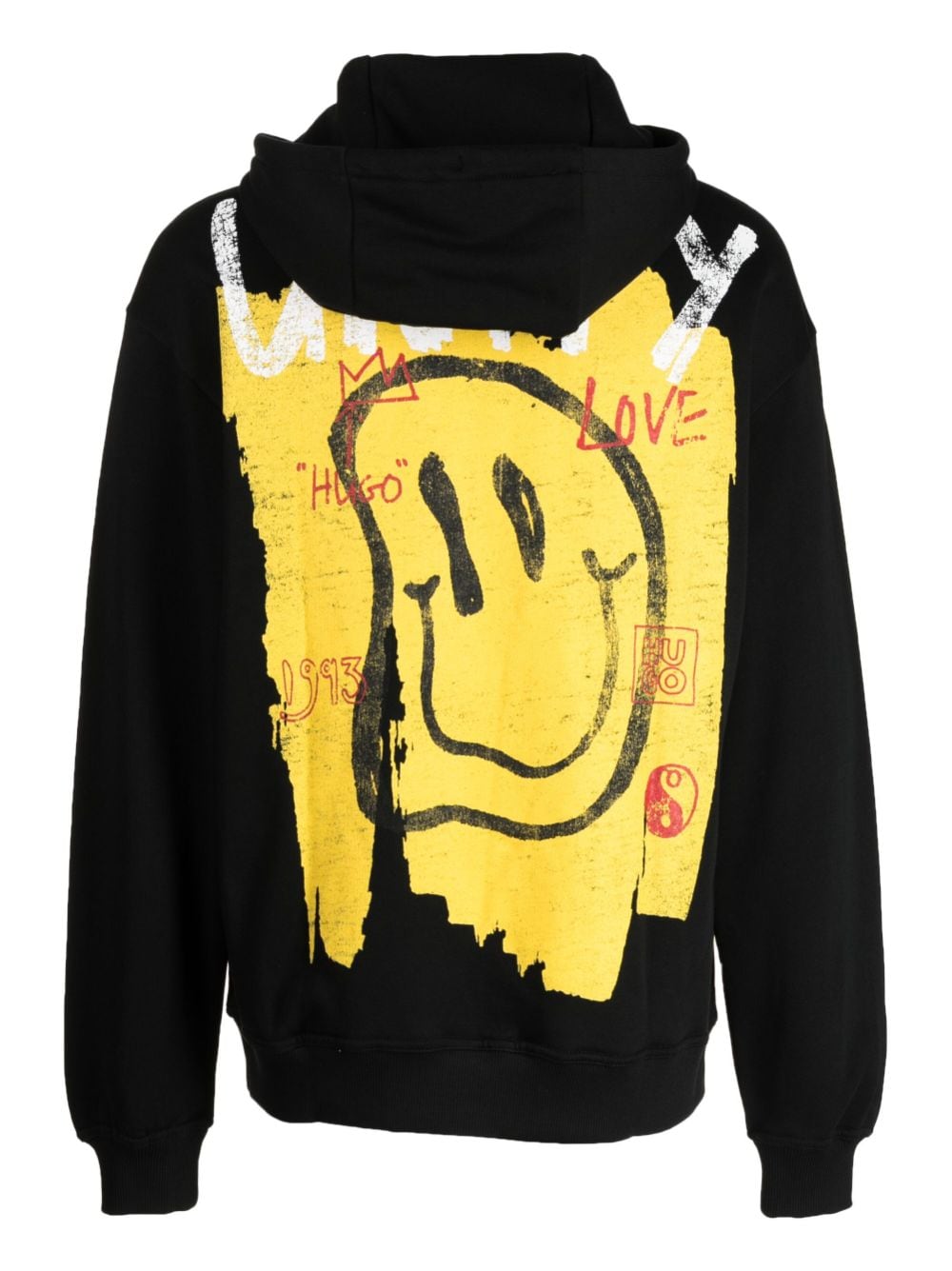 HUGO smiley-face print cotton hoodie - Zwart